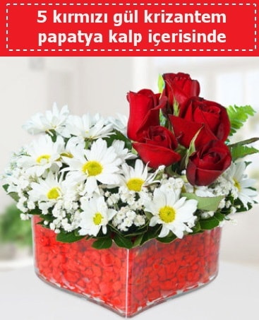 mika kalp içerisinde 5 kırmızı gül papatya  Ankara çiçek gönderme 