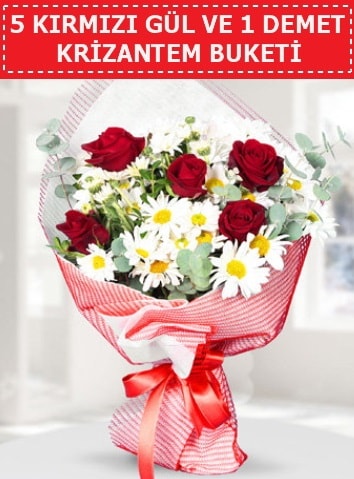 5 adet kırmızı gül ve krizantem buketi  Ankara çiçek satışı 